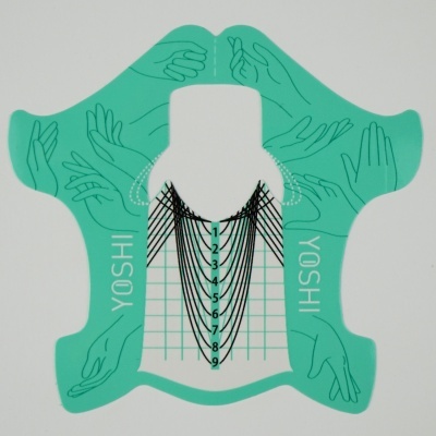 Molde verde para unhas com marca YOSHI, ilustrações de mãos e escala numérica