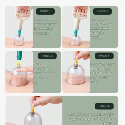 Instruções para ventosaterapia em casa com ventosas transparentes e pistão amarelo