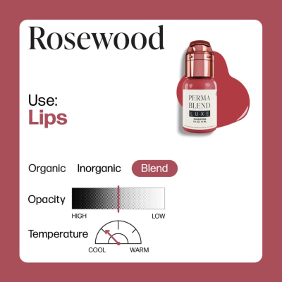 Frasco de maquilhagem para lábios Perma Blend LUXE na cor Rosewood com texto e gráficos de opacidade e temperatura