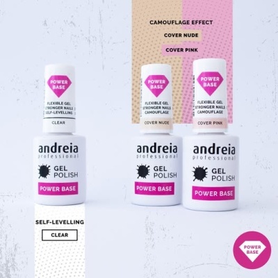 Frascos de verniz gel AndrÃ©ia Professional Power Base em cores Clear, Cover Nude e Cover Pink