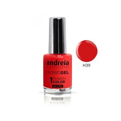 Frasco de verniz de unhas vermelho com tampa preta e rótulo da marca andreia professional