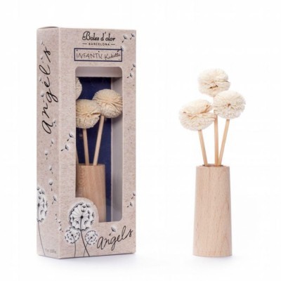 Difusor de ambiente com flores brancas em pauzinho de madeira e embalagem reciclada com desenho de dente-de-leão