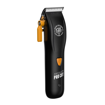 Máquina de cortar cabelo preta com detalhes amarelos e texto ABSOLUTE PRO CUT