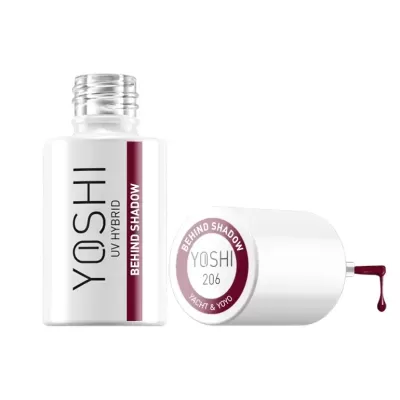Esmalte de unhas YOSHI UV HYBRID cor BEHIND SHADOW em frasco branco com tampa e líquido vinho