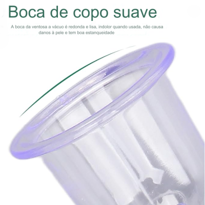 Ventosa de plástico transparente com bocal roxo translúcido e texto descritivo em português