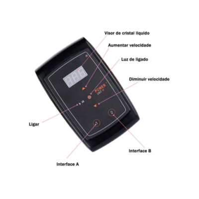 Controlo eletrônico preto com visor de cristal líquido e botões com texto em português.