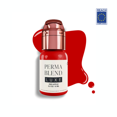 Frasco vermelho de produto líquido com rótulo PERMA BLEND LUXE e selo REACH COMPLIANCE