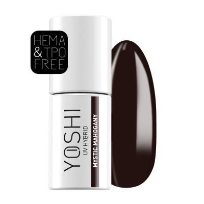 Verniz de unhas YOSHI UV Hybrid Mystic Mahogany em embalagem branca com selo preto