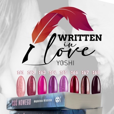 Oito vernizes Yoshi tons rosa, vermelho e roxo sobre livro 'COS NOWEGO'