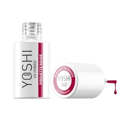 Frasco de verniz YOSHI UV Hybrid branco com tampa branca e verniz vermelho a pingar