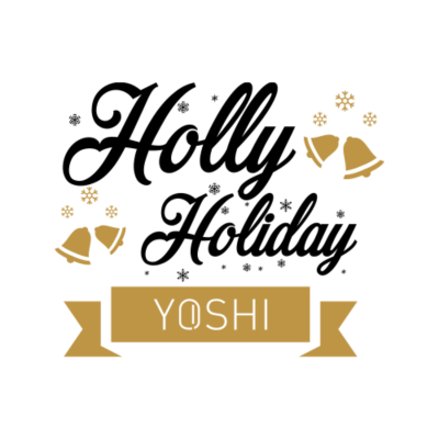 Design com texto 'Holly Holiday' em preto e dourado com sinos e flocos de neve, faixa com 'YOSHI'