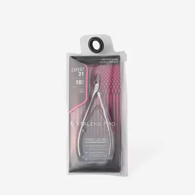 Alicate de cutículas StelIeks Pro Expert 21 em embalagem transparente cinzenta e rosa