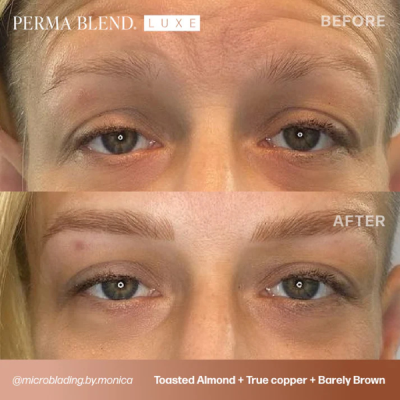Antes e depois de microblading nas sobrancelhas de uma pessoa com texto PERMA BLEND LUXE