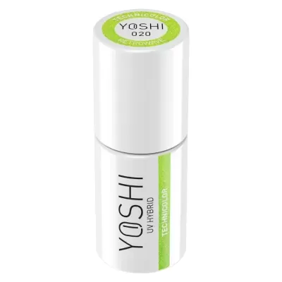 Frasco branco de verniz para unhas YOSHI UV HYBRID TECHNO COLOR com rótulo verde e preto