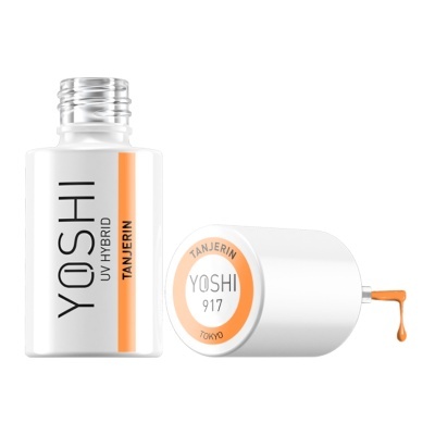 Frasco de verniz YOSHI UV HYBRID cor laranja TANJERIN com tampa deitada e gota de verniz