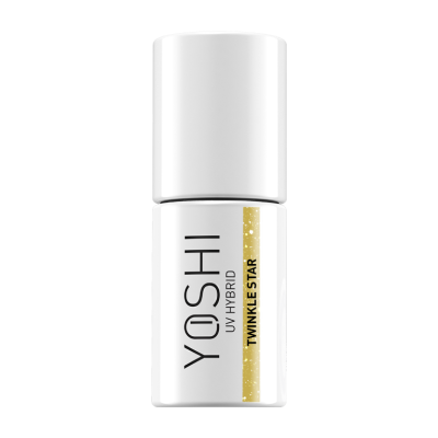 Frasco branco de verniz YOSHI UV Hybrid Twinkle Star com faixa dourada
