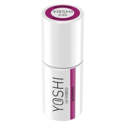 Frasco branco de verniz UV híbrido YOSHI com rótulo roxo