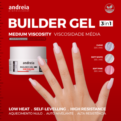 Gel construtor de unhas andreia professional com embalagem branca e mão com unhas cor rosa suave