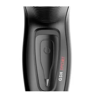 Aparelho de barbear elétrico preto com botão central e texto GSH SPORT