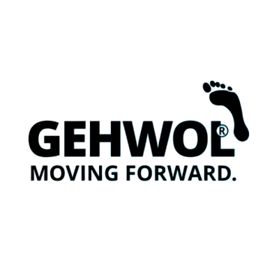 Logótipo preto da GEHWOL com texto MOVING FORWARD e um ícone de pegada de pé