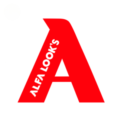 Logotipo em vermelho com texto ALFA LOOK'S em branco no interior