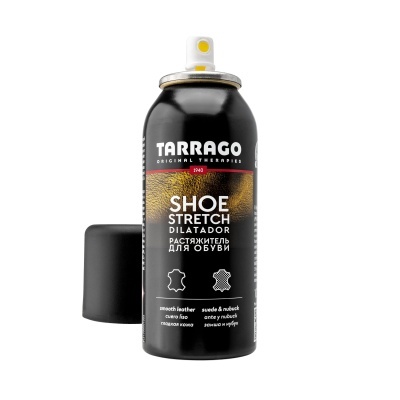 Lata de spray preta Tarrago Shoe Stretch com tampa removida em fundo branco