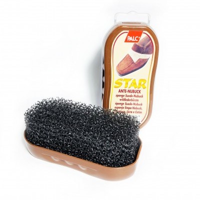 Esponja preta para limpeza de calçado em caixa de plástico castanho com tampa transparente da marca PALC STAR ANTE-NUBUCK