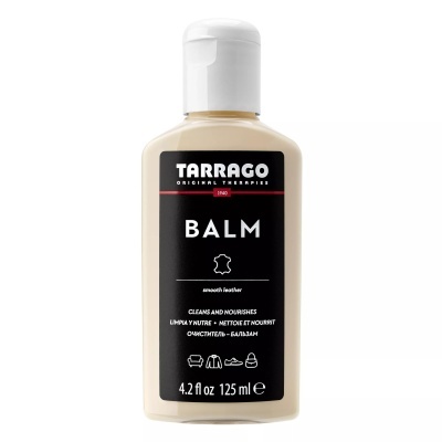Frasco de plástico bege com tampa branca e etiqueta preta com texto branco Tarrago Balm para couro liso