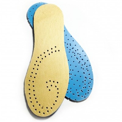 Palmilhas ortopédicas perfuradas amarelas e azuis com padrões de furos
