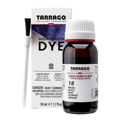 Frascos com tinta para camurça Tarrago Suede Nubuck Dye preto e pincel