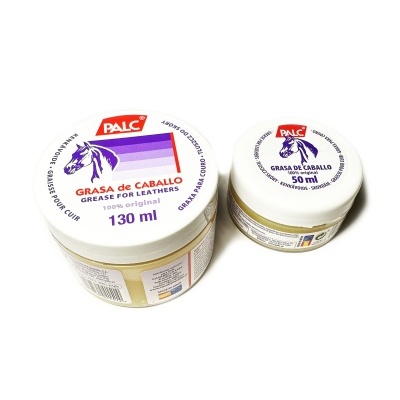 Dois frascos de creme PALC Grasa de Caballo para couro com rótulos brancos e imagem de cavalo