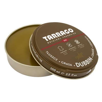 Lata aberta de cera para couro Tarrago Dubbin com tampa castanha e texto branco