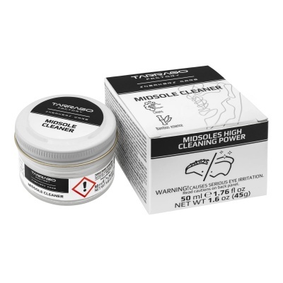 Embalagem e frasco de limpador para solado de ténis Tarrago com texto e design preto e branco
