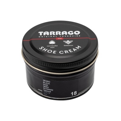 Frasco preto de creme para calçado Tarrago com tampa preta e texto branco.