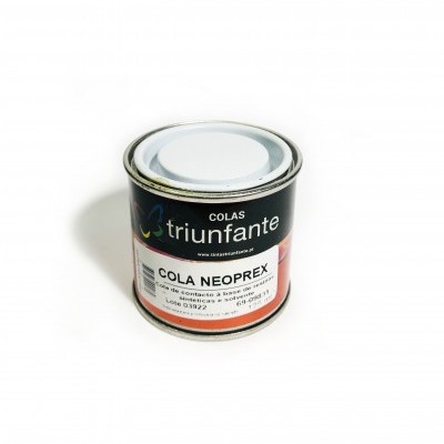 Lata de cola adesiva Triunfante Cola Neoprex com rótulo preto, branco e rosa