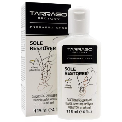 Embalagem e frasco do restaurador de solas Tarrago Factory Sneakers Care com rótulo preto e branco.