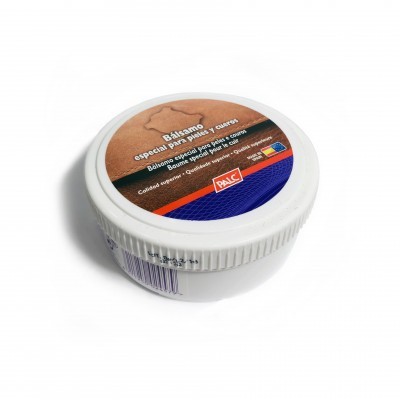 Pote de bálsamo para peles e sapatos com rótulo castanho e azul