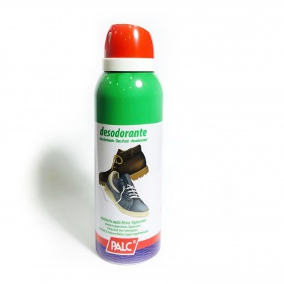 Frasco de desodorizante para calçado PALC com tampa vermelha e etiqueta com imagens de sapatos