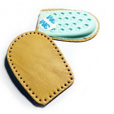 Palmilhas ortopédicas de couro castanho e borracha azul clara com textura e autocolante 3M