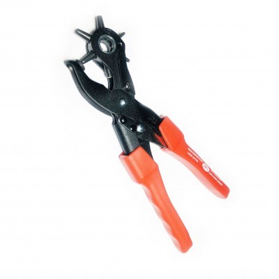 Alicates perfuradores de couro com punhos vermelhos e corpo preto