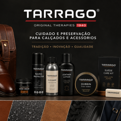 Produtos de cuidado para calçados Tarrago em embalagem preta, prata e ouro, com sapato e mala de couro marrom ao lado