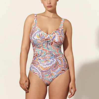 Fato de banho feminino colorido com estampado floral e alças largas