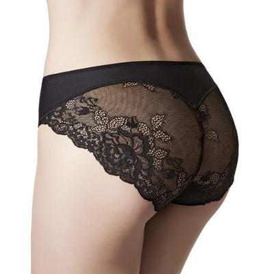 Cuecas femininas pretas com renda floral transparente na parte traseira