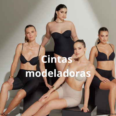Quatro mulheres vestindo cintas modeladoras e lingerie preta e bege com acessórios dourados em fundo neutro