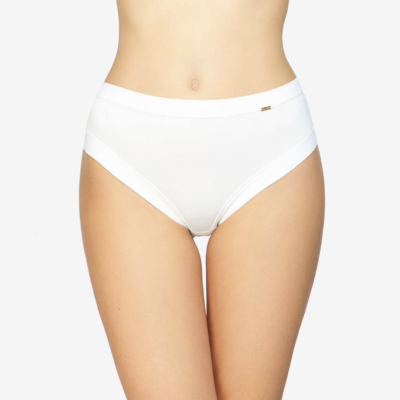 Cueca feminina branca de cintura média com detalhe metálico dourado