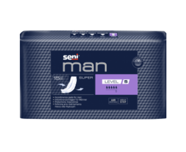Penso | Seni Man Super (15 unidades) Pacote azul escuro de pensos absorventes Seni Man Super para homens nivel 5