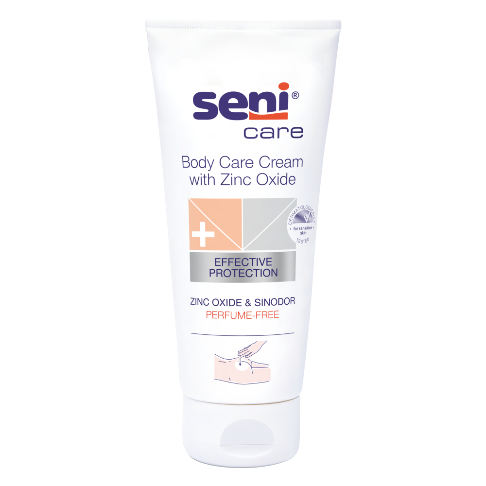 Creme Hidratante | Seni Care Body Cream com Zinco Frasco branco de creme para corpo Seni Care com texto e logotipo