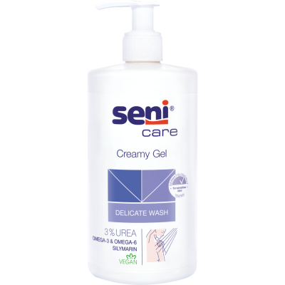 Frasco de gel cremoso Seni Care para lavagem delicada com doseador branco.