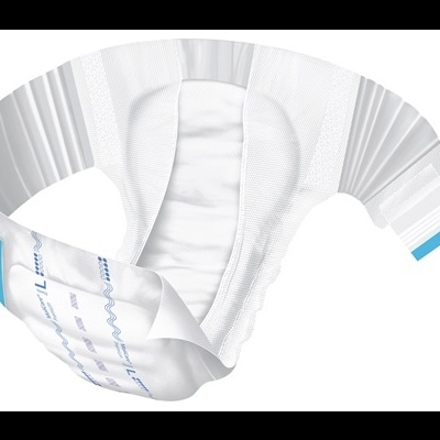 Fralda descartável branca com abas elásticas e detalhes em azul
