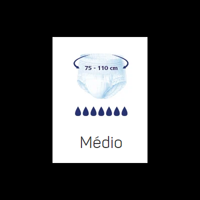 Fralda descartável tamanho médio com ajuste 75-110 cm e indicação de absorção